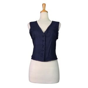 Laura Ashley Blue Linen Vest Blouse Women's Size L Cottagecore Coastal Cowgirl